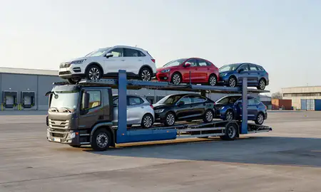 Car transporter loaded with vehicles in Crewe, Cheshire, United Kingdom