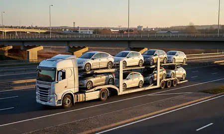 Car transporter with the Crewe, Cheshire, United Kingdom skyline behind it