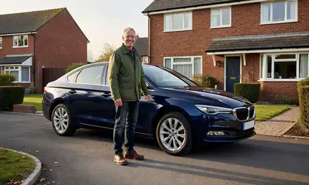 Customer with their delivered car in Ellesmere Port, Cheshire, United Kingdom