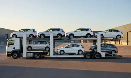 Car transporter parked in an industrial area of Ellesmere Port, Cheshire, United Kingdom