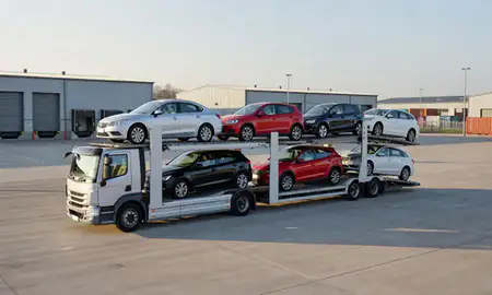 Car transporter loaded with vehicles in Ellesmere Port, Cheshire, United Kingdom