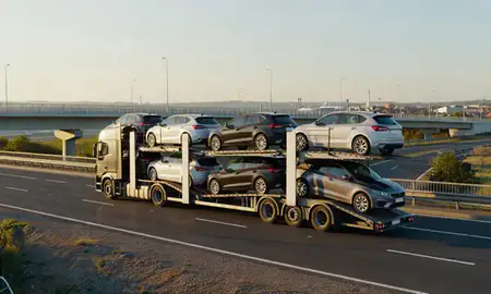 Car transporter with the Ellesmere Port, Cheshire, United Kingdom skyline behind it
