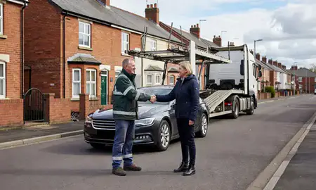 Vehicle owner beside their delivered car in Macclesfield, Cheshire, United Kingdom