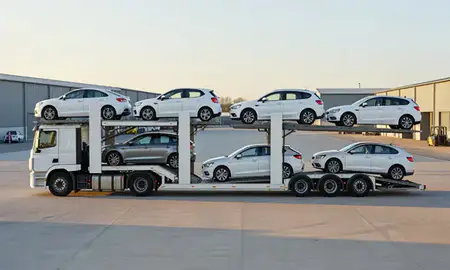 Car transporter parked in an industrial area of Macclesfield, Cheshire, United Kingdom