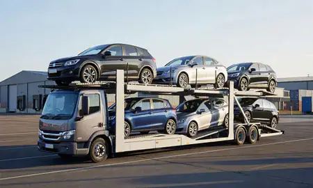 Car transporter loaded with vehicles in Macclesfield, Cheshire, United Kingdom