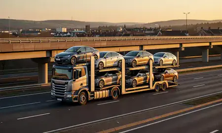 Car transporter with the Macclesfield, Cheshire, United Kingdom skyline behind it