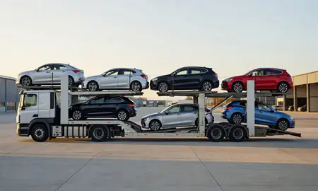 Car transporter parked in an industrial area of Northwich, Cheshire, United Kingdom