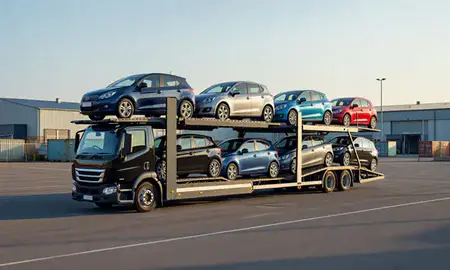 Car transporter loaded with vehicles in Northwich, Cheshire, United Kingdom