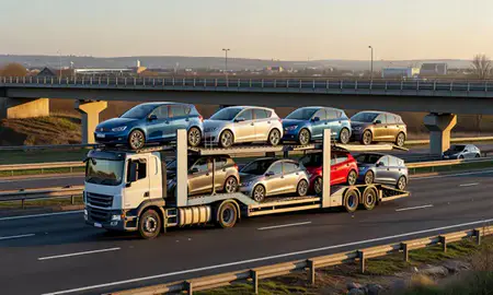 Car transporter with the Northwich, Cheshire, United Kingdom skyline behind it