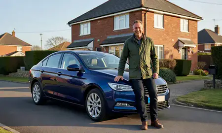 Customer with their delivered car in Runcorn, Cheshire, United Kingdom