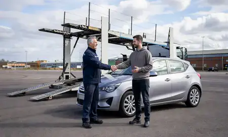 Vehicle owner beside their delivered car in Runcorn, Cheshire, United Kingdom