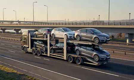 Car transporter with the Runcorn, Cheshire, United Kingdom skyline behind it