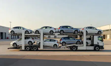 Car transporter parked in an industrial area of Warrington, Cheshire, United Kingdom
