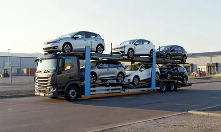 Car transporter loaded with vehicles in Warrington, Cheshire, United Kingdom