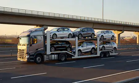 Car transporter with the Warrington, Cheshire, United Kingdom skyline behind it