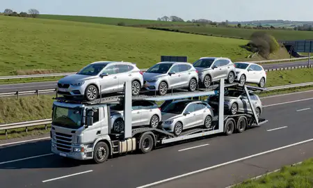 Multi-level car carrier on the motorway to Wilmslow, Cheshire, United Kingdom