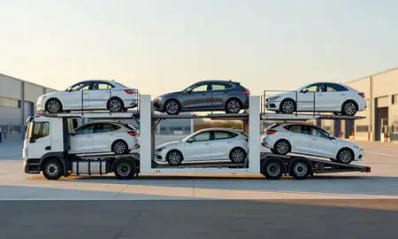 Car transporter parked in an industrial area of Wilmslow, Cheshire, United Kingdom