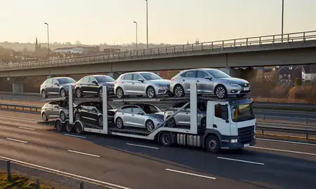 Car transporter with the Wilmslow, Cheshire, United Kingdom skyline behind it