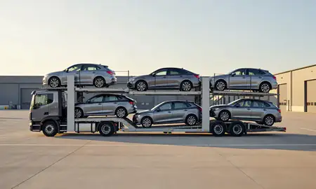 Car transporter parked in an industrial area of Clwyd, United Kingdom