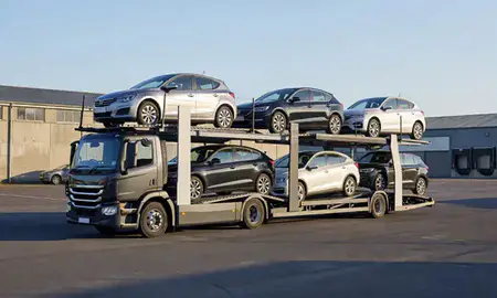 Car transporter loaded with vehicles in Clwyd, United Kingdom