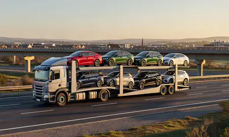 Car transporter with the Clwyd, United Kingdom skyline behind it