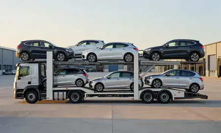 Car transporter parked in an industrial area of Wrexham, Clwyd, United Kingdom