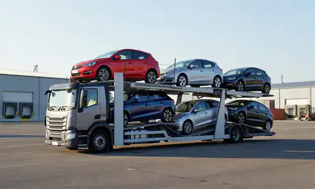 Car transporter loaded with vehicles in Wrexham, Clwyd, United Kingdom