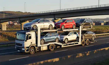 Car transporter with the Wrexham, Clwyd, United Kingdom skyline behind it