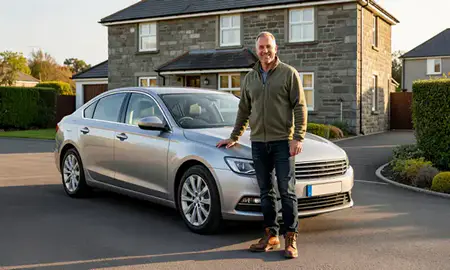 Customer with their delivered car in County Antrim, United Kingdom