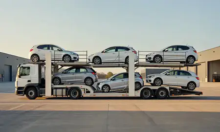 Car transporter parked in an industrial area of County Antrim, United Kingdom