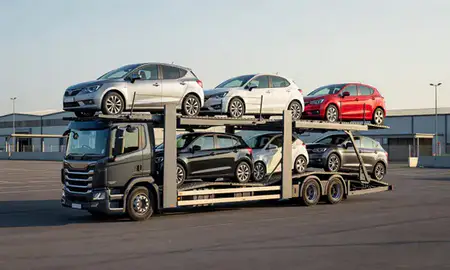 Car transporter loaded with vehicles in County Antrim, United Kingdom