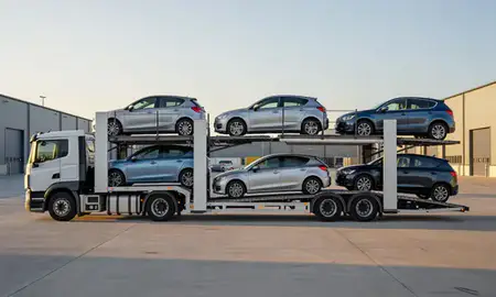 Car transporter parked in an industrial area of Belfast, County Antrim, United Kingdom