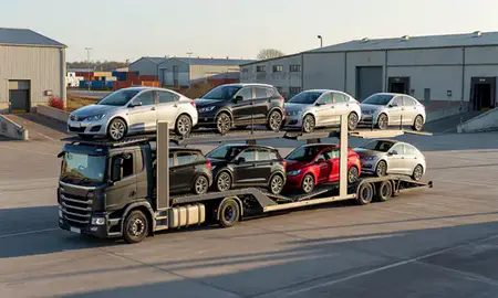Car transporter loaded with vehicles in Belfast, County Antrim, United Kingdom