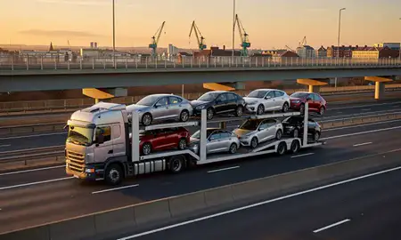 Car transporter with the Belfast, County Antrim, United Kingdom skyline behind it