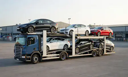 Car transporter loaded with vehicles in Lisburn, County Antrim, United Kingdom