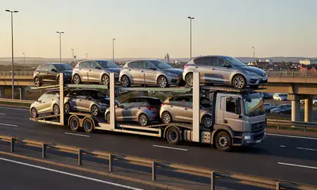 Car transporter with the Lisburn, County Antrim, United Kingdom skyline behind it