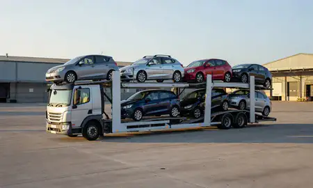 Car transporter loaded with vehicles in Newtownabbey, County Antrim, United Kingdom