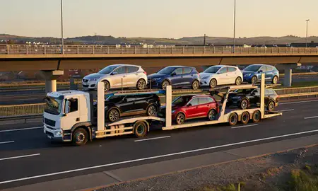 Car transporter with the Newtownabbey, County Antrim, United Kingdom skyline behind it