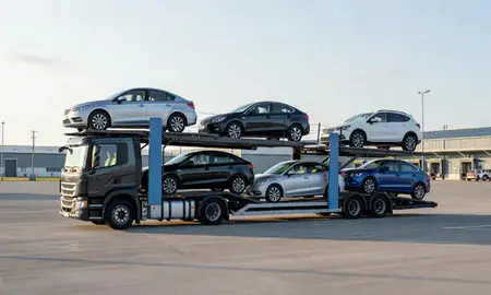 Car transporter loaded with vehicles in County Armagh, United Kingdom