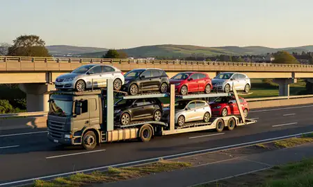 Car transporter with the County Armagh, United Kingdom skyline behind it