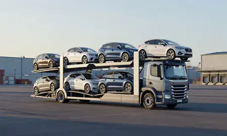 Car transporter loaded with vehicles in Craigavon, County Armagh, United Kingdom