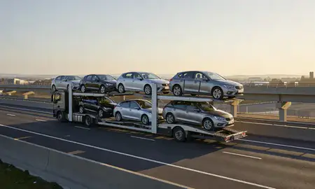 Car transporter with the Craigavon, County Armagh, United Kingdom skyline behind it