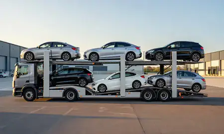 Car transporter parked in an industrial area of County Down, United Kingdom