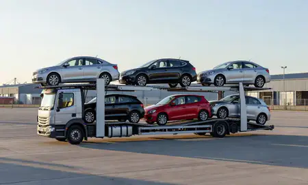 Car transporter loaded with vehicles in County Down, United Kingdom