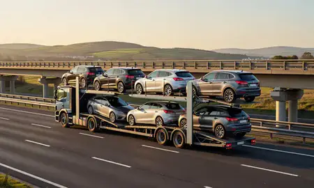 Car transporter with the County Down, United Kingdom skyline behind it