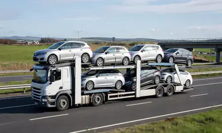 Multi-level car carrier on the motorway to Bangor, County Down, United Kingdom