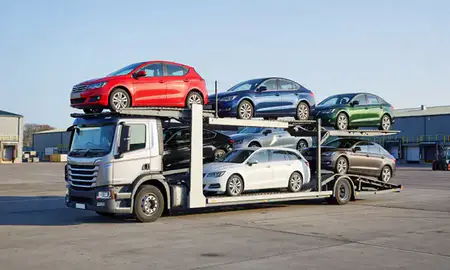 Car transporter loaded with vehicles in Bangor, County Down, United Kingdom