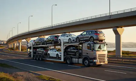 Car transporter with the Bangor, County Down, United Kingdom skyline behind it