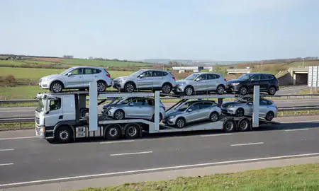Multi-level car carrier on the motorway to County Durham, United Kingdom