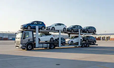 Car transporter loaded with vehicles in County Durham, United Kingdom